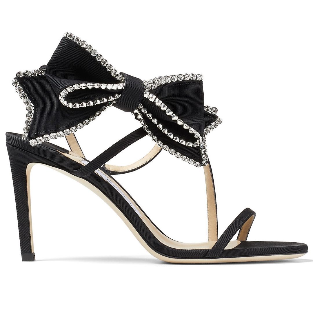 Black Grosgrain Stiletto Sandals with Crystal-Embellished Bow